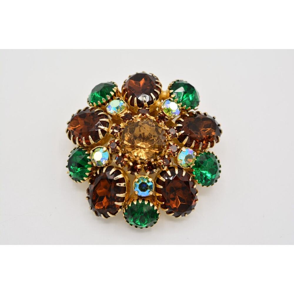 Vintage Crystal Brooch Pin Gold Green Brown AB Rhinestone Prong Round 1960s BinB